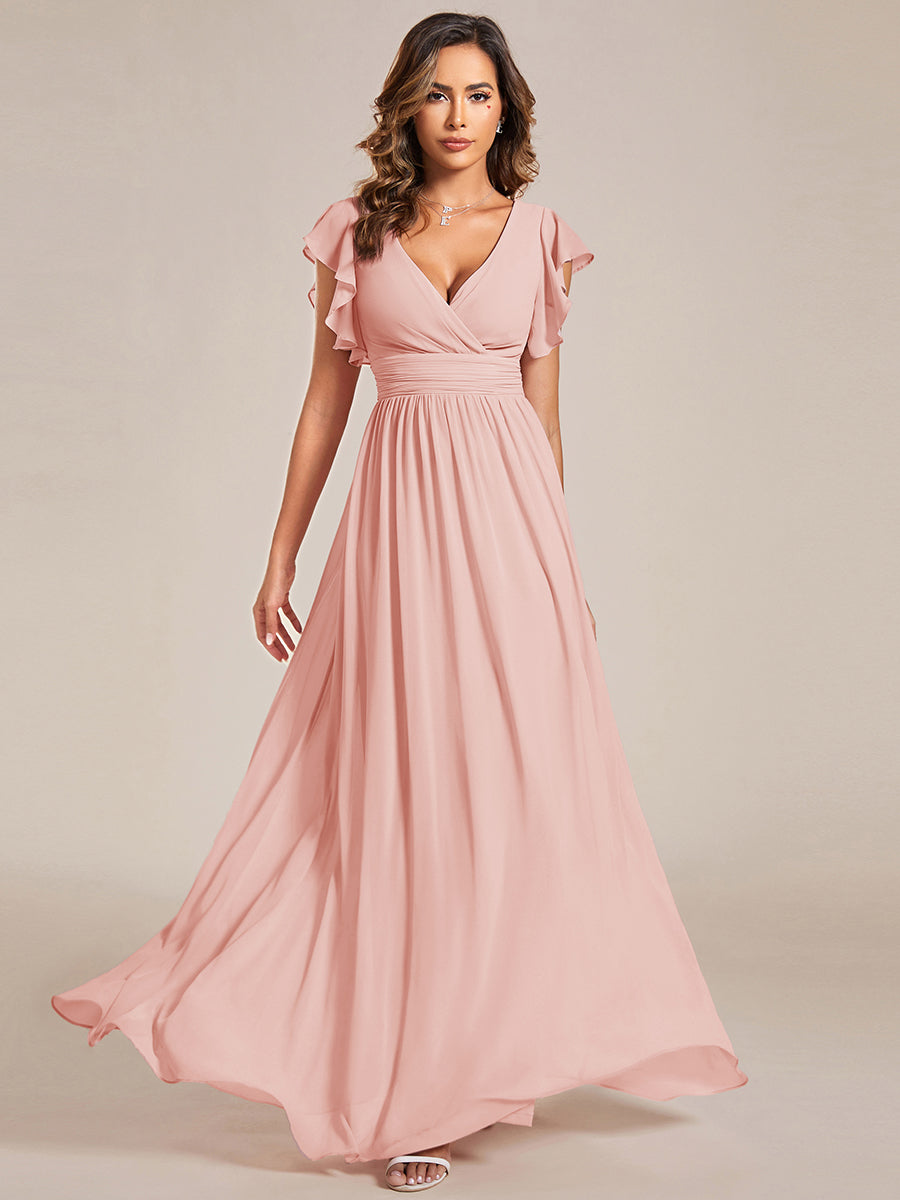 Pleated Chiffon Ruffle Sleeve Bridesmaid Dress #color_Pink