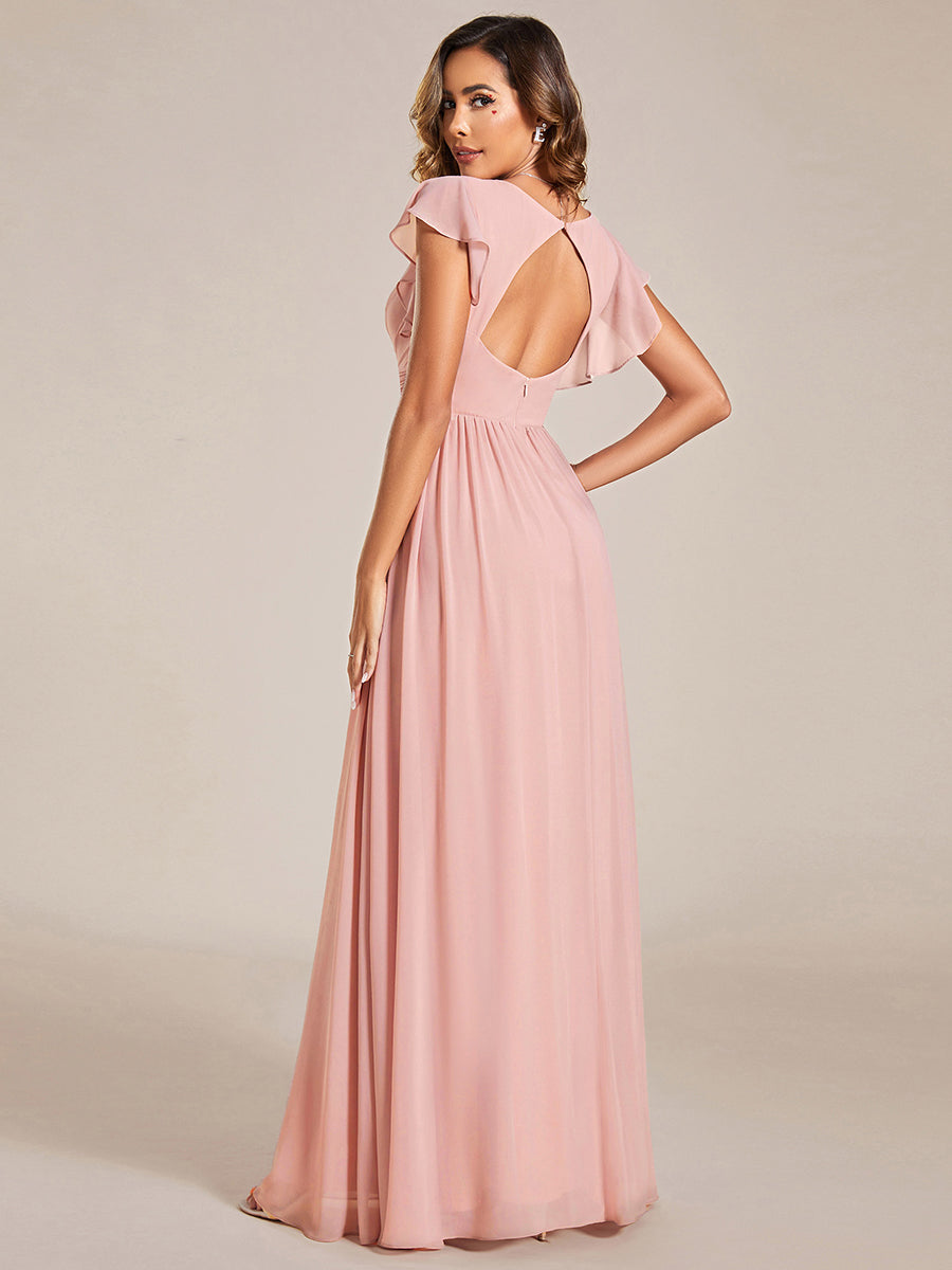 Pleated Chiffon Ruffle Sleeve Bridesmaid Dress #color_Pink