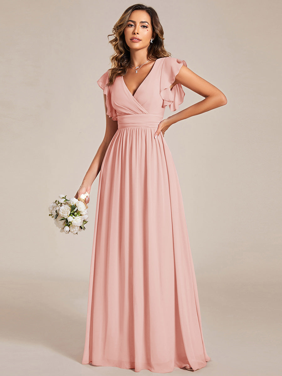 Pleated Chiffon Ruffle Sleeve Bridesmaid Dress #color_Pink