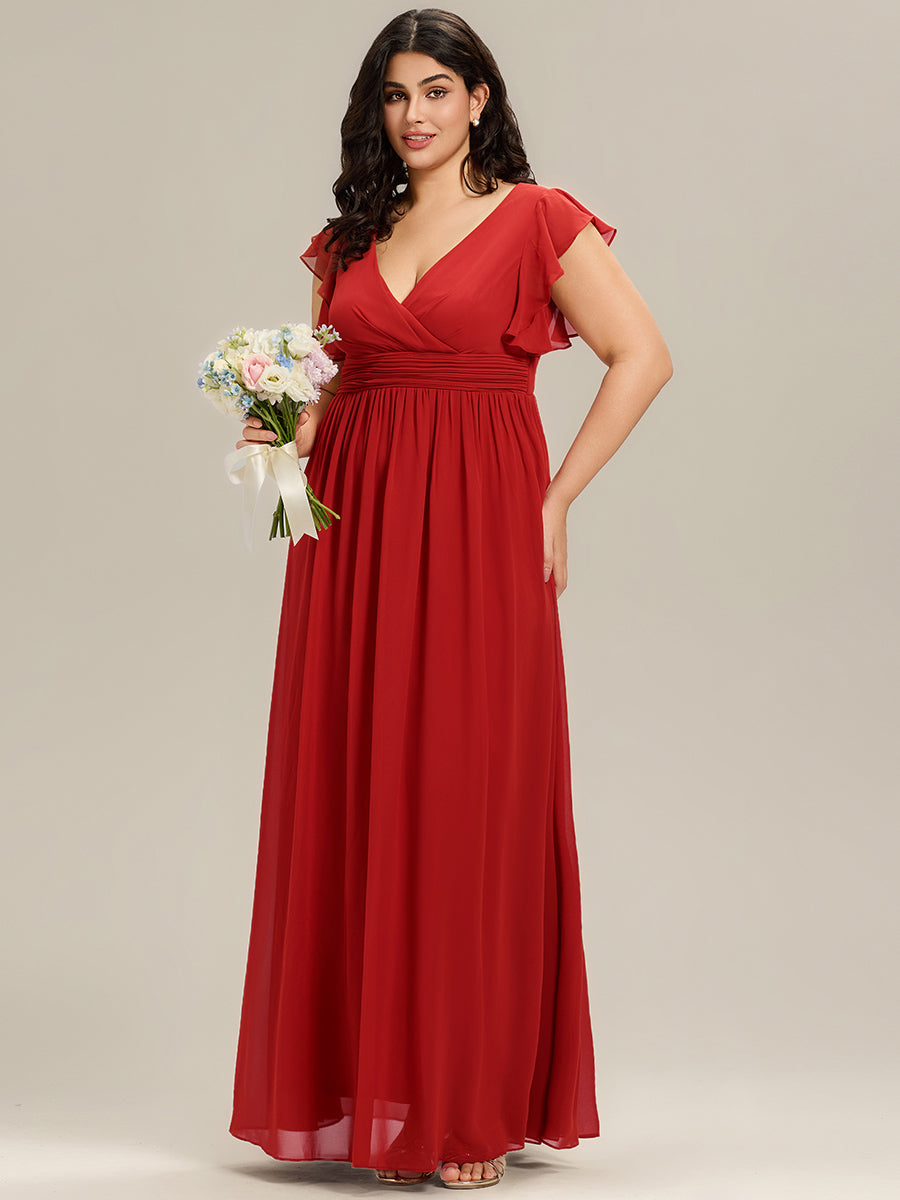 Plus Size Chiffon Pleated A-Line Back CutouT Bridesmaid Dress #color_Red
