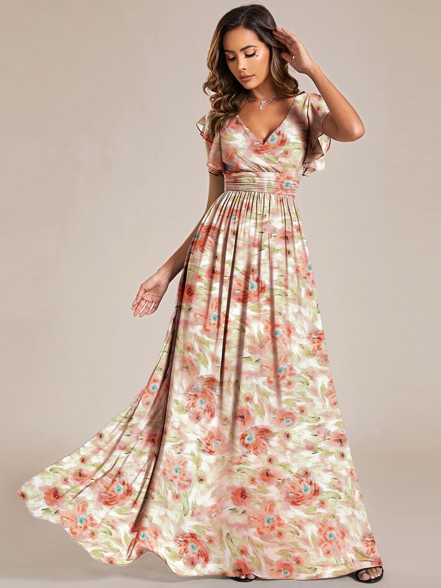 Back Cutout A-Line Pleated Ruffles Sleeve Chiffon Bridesmaid Dress #color_Rosewood Mist