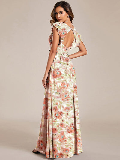 Back Cutout A-Line Pleated Ruffles Sleeve Chiffon Bridesmaid Dress #color_Rosewood Mist