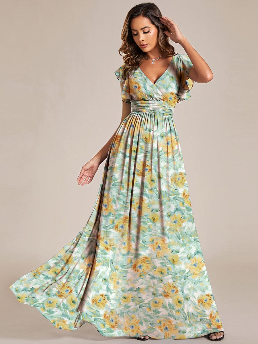 Back Cutout A-Line Pleated Ruffles Sleeve Chiffon Bridesmaid Dress #color_Sunlit Fern