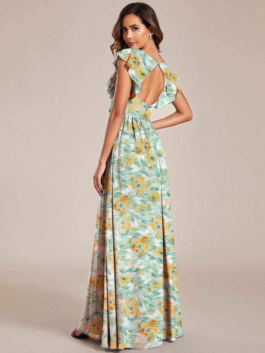 Back Cutout A-Line Pleated Ruffles Sleeve Chiffon Bridesmaid Dress #color_Sunlit Fern