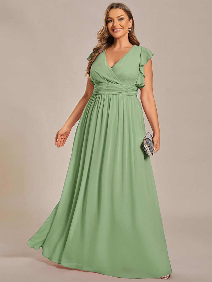 Pleated Chiffon Ruffle Sleeve Bridesmaid Dress #color_Sage Green