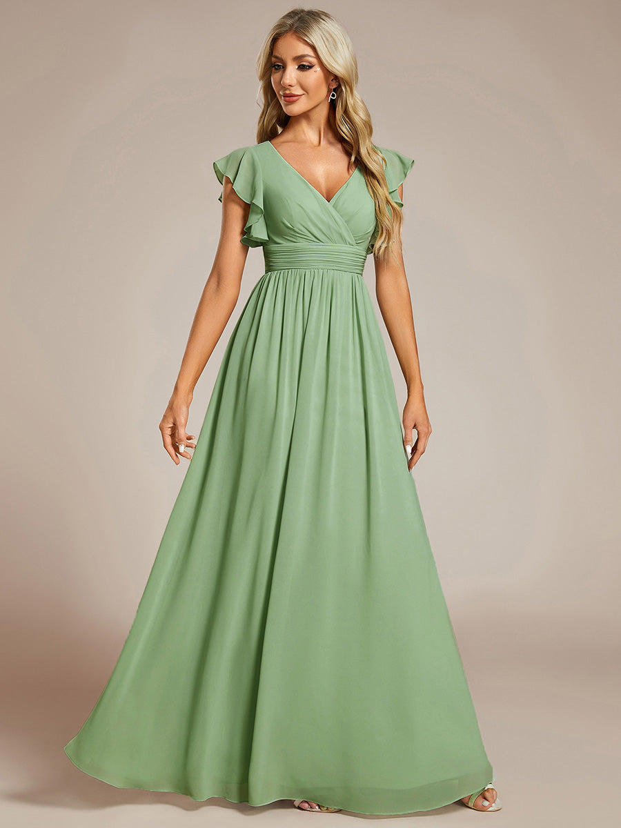 Pleated Chiffon Ruffle Sleeve Bridesmaid Dress #color_Sage Green