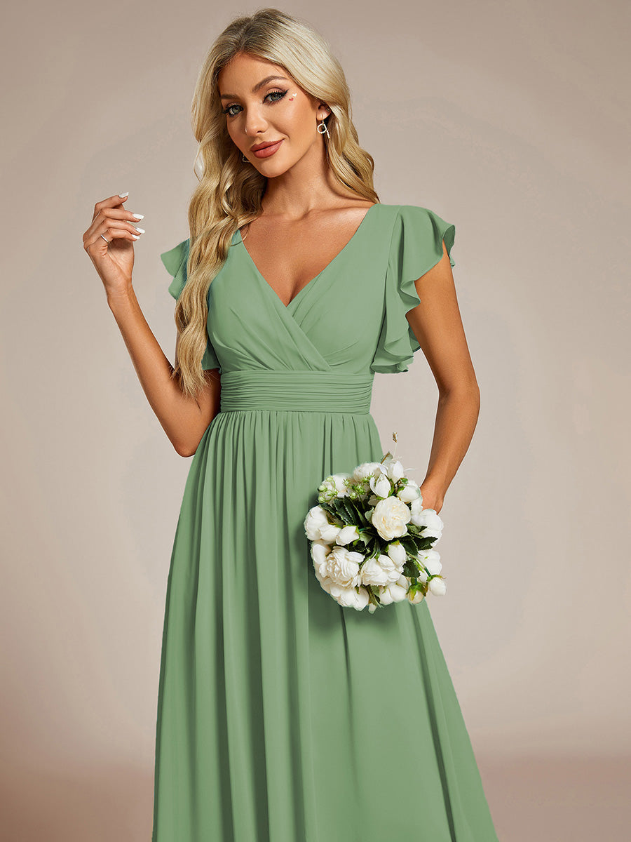 Pleated Chiffon Ruffle Sleeve Bridesmaid Dress #color_Sage Green