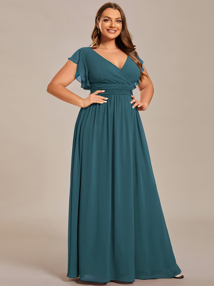 Pleated Chiffon Ruffle Sleeve Bridesmaid Dress #color_Teal