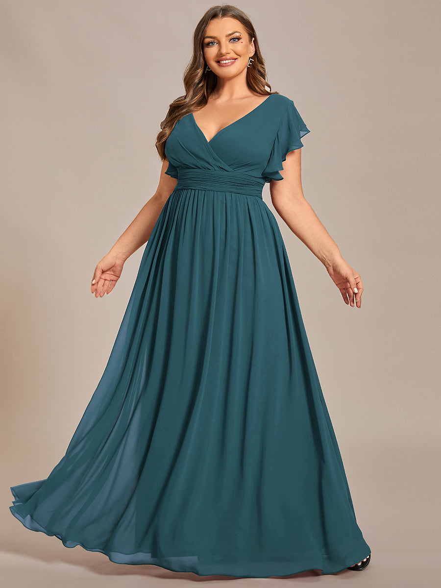 Pleated Chiffon Ruffle Sleeve Bridesmaid Dress #color_Teal