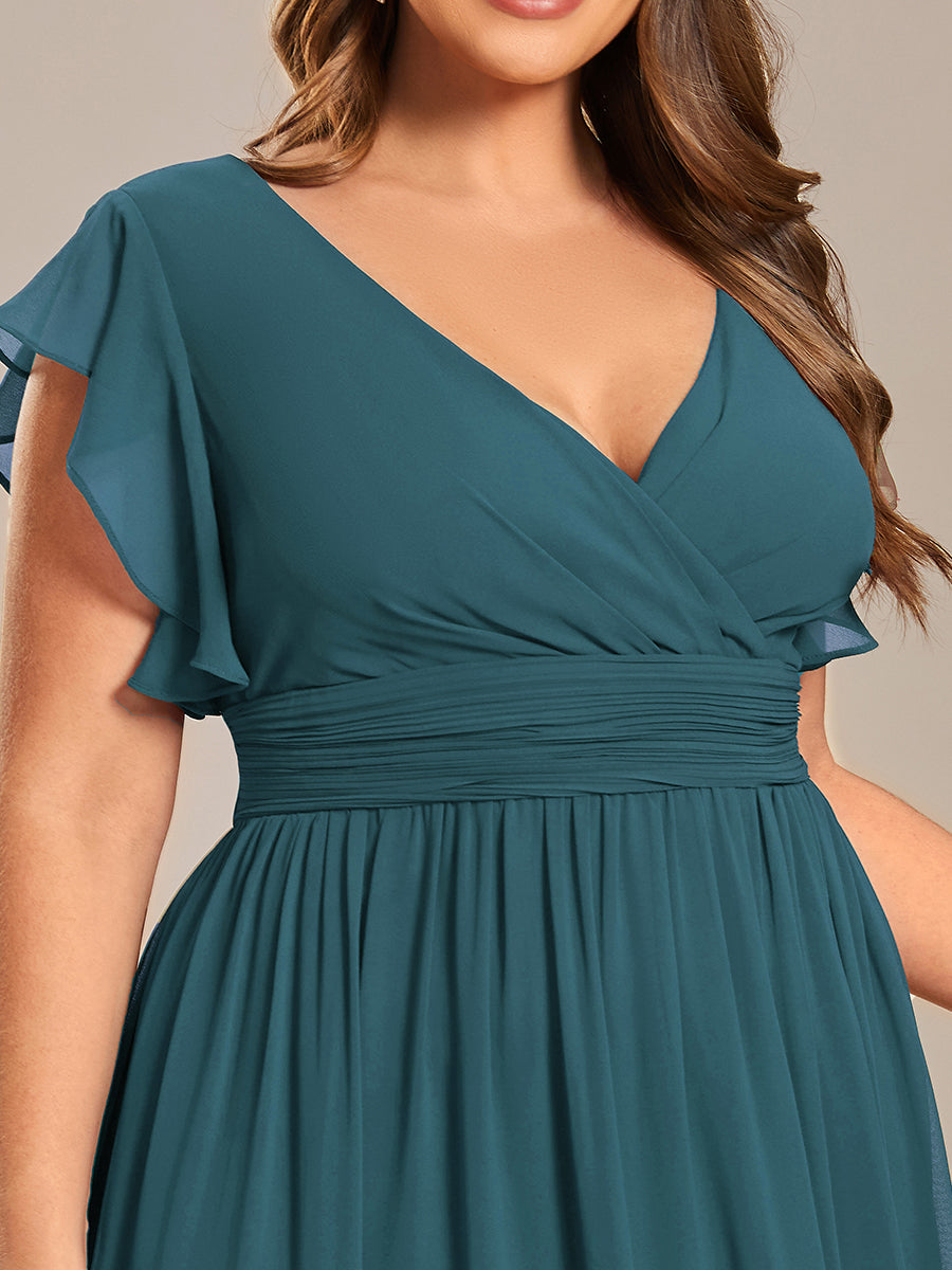 Pleated Chiffon Ruffle Sleeve Bridesmaid Dress #color_Teal