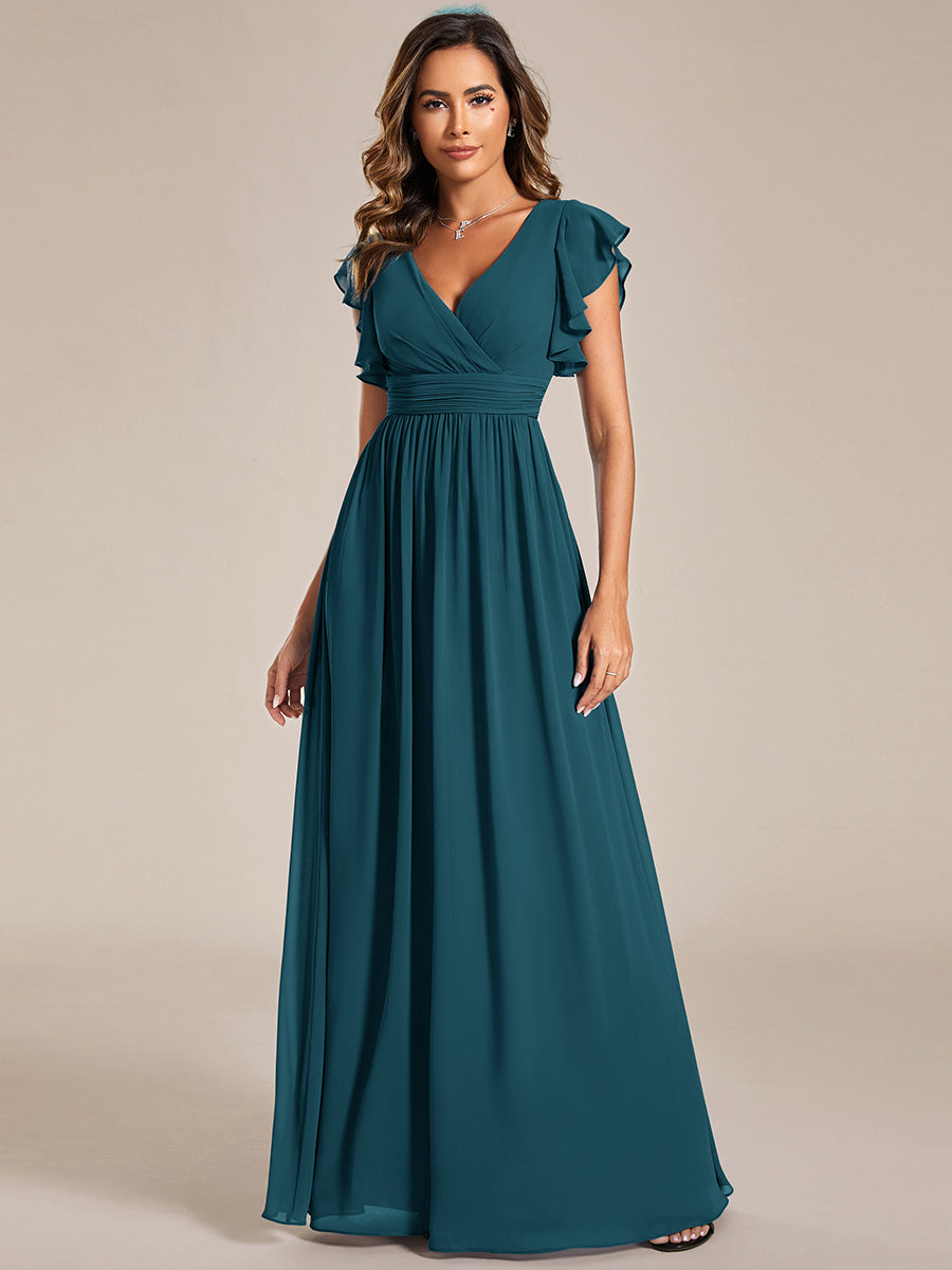 Pleated Chiffon Ruffle Sleeve Bridesmaid Dress #color_Teal