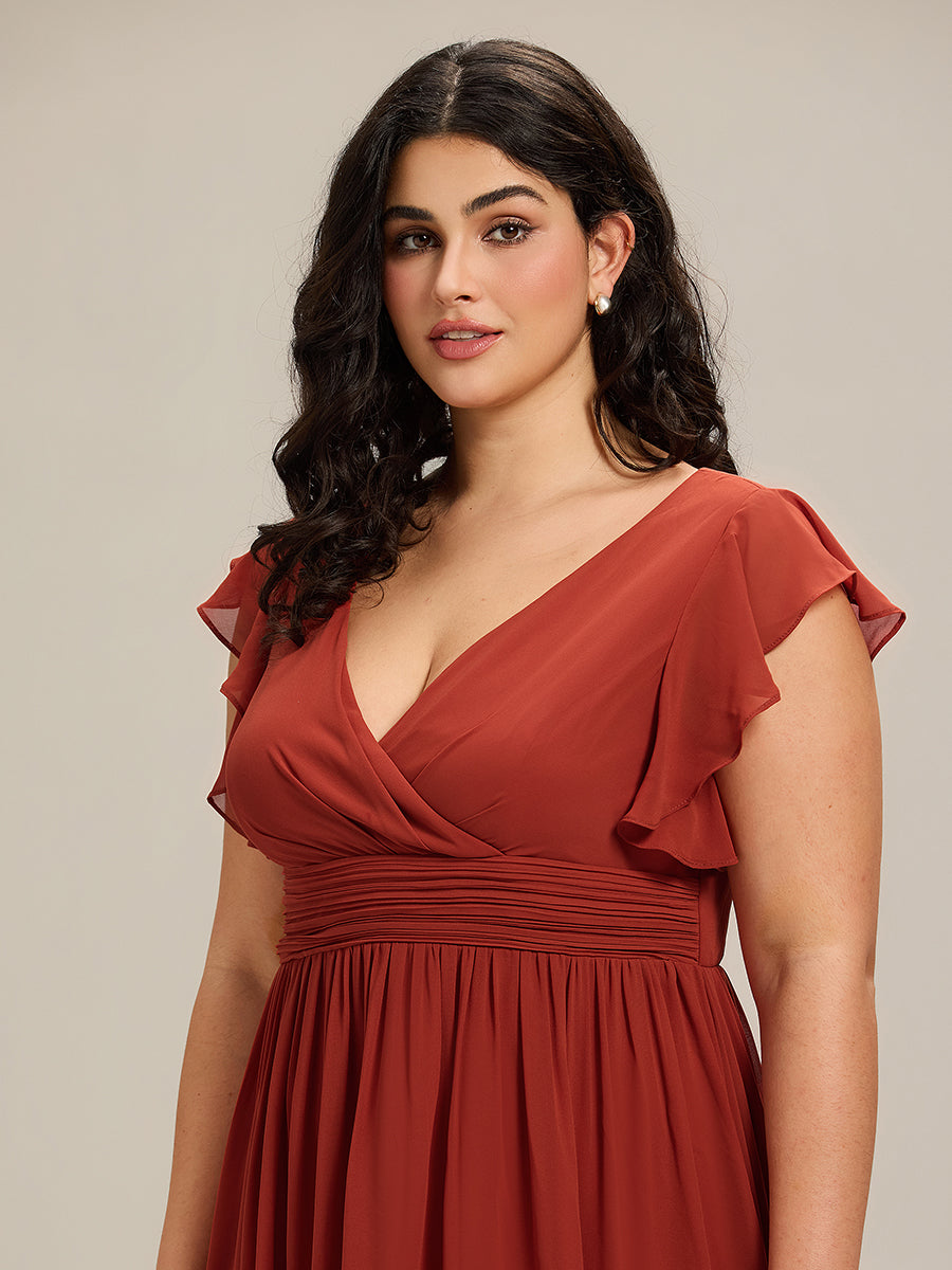 Ruffles Sleeve Back Cutout A-Line Maxi Chiffon Bridesmaid Dress #color_Vermilion