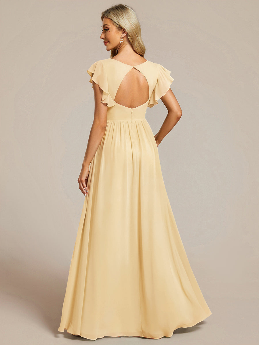 Ruffles Sleeve Back Cutout A-Line Maxi Chiffon Bridesmaid Dress #color_Yellow