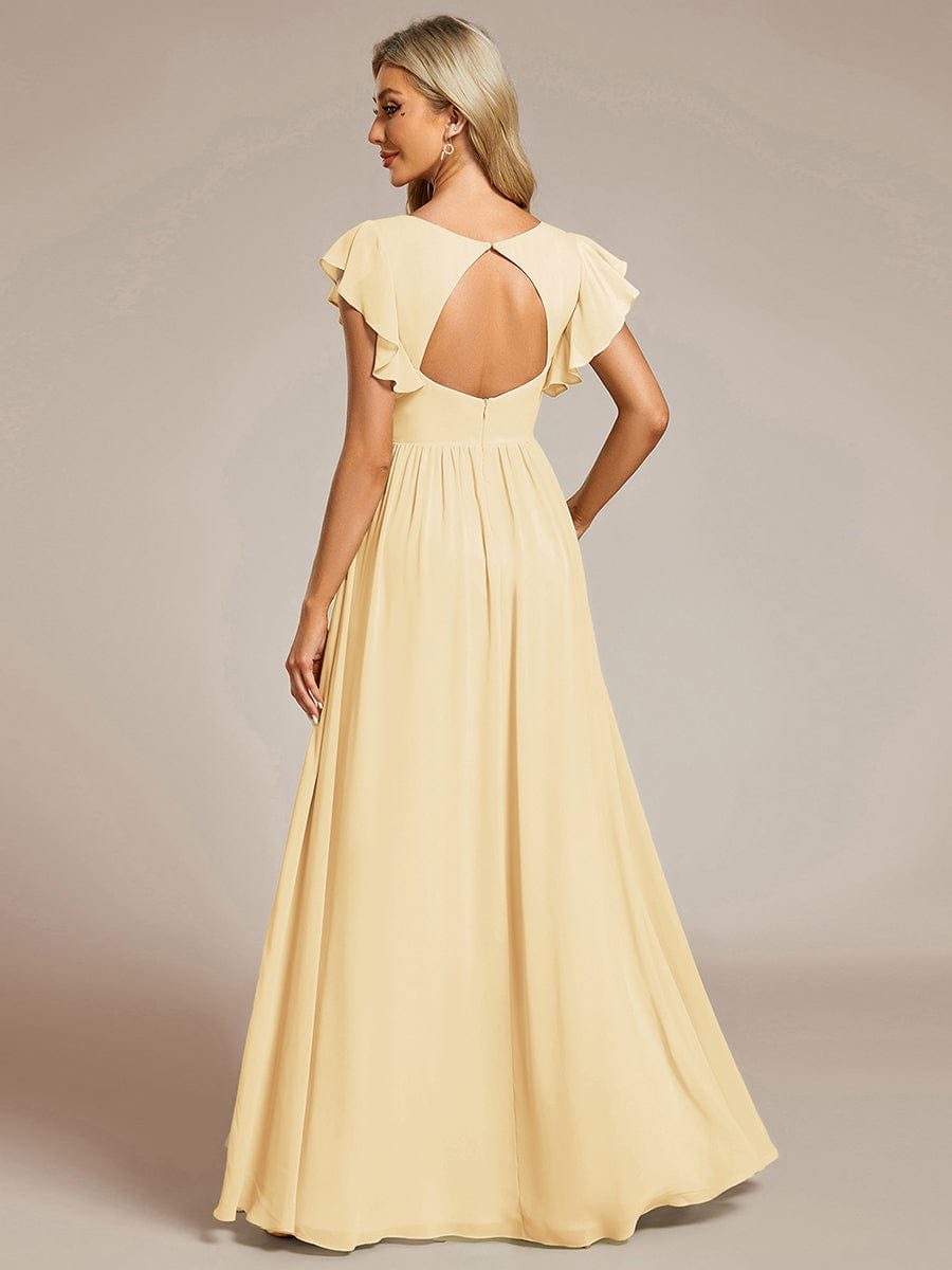 Ruffles Sleeve Back Cutout A-Line Maxi Chiffon Bridesmaid Dress #color_Yellow