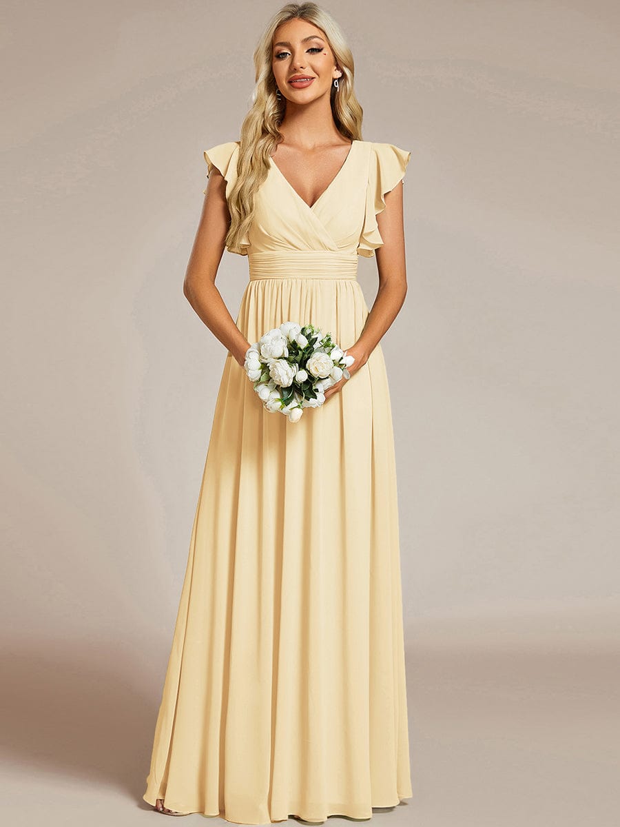Ruffles Sleeve Back Cutout A-Line Maxi Chiffon Bridesmaid Dress #color_Yellow