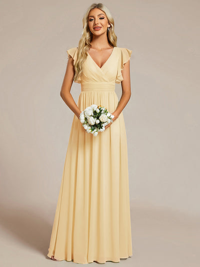 Ruffles Sleeve Back Cutout A-Line Maxi Chiffon Bridesmaid Dress #color_Yellow