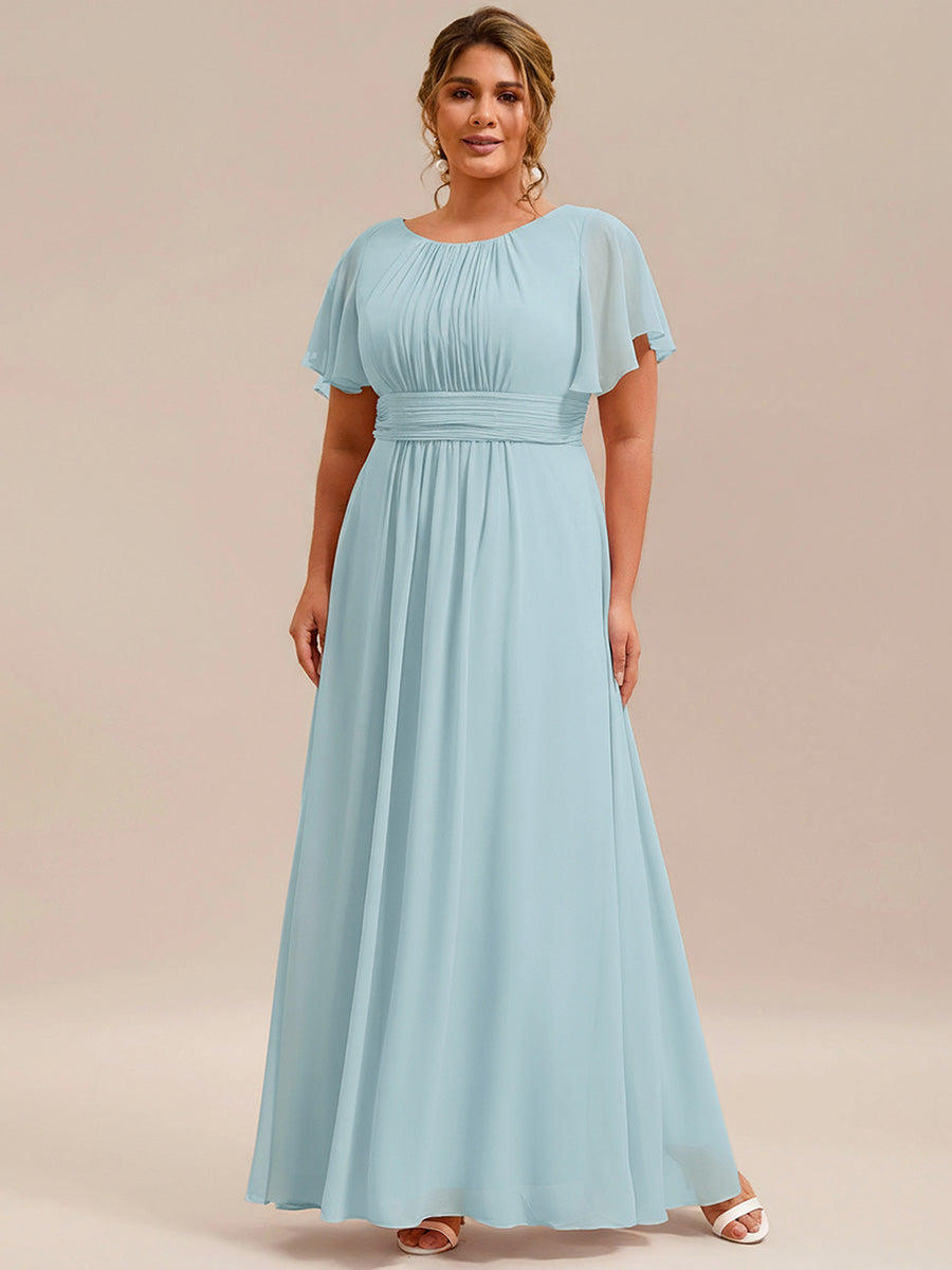 Plus Size Simple Chiffon Pleated A-Line Round Neckline Bridesmaid Dress #color_Sky Blue