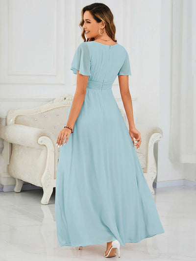 Ruched Chiffon Ruffle Sleeve Bridesmaid Dress #color_Sky Blue