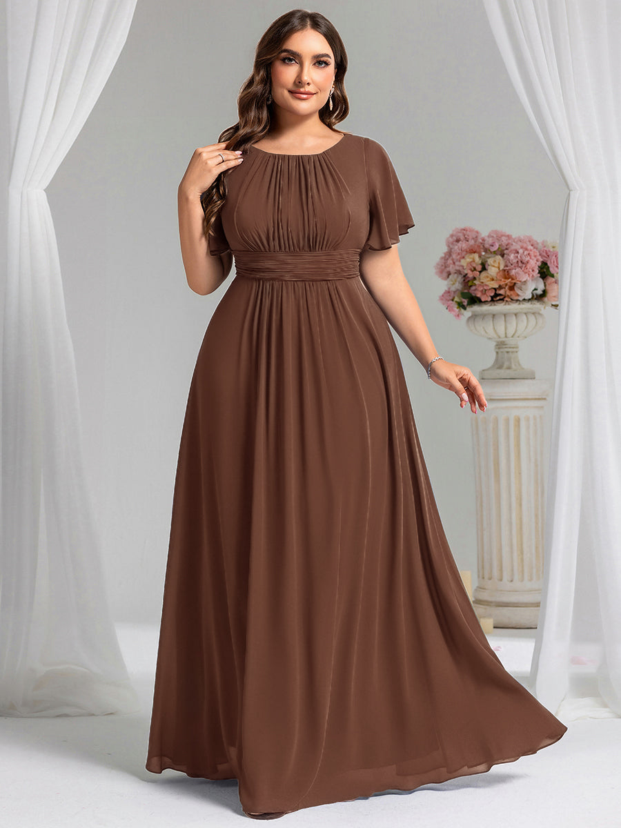 Plus Size Simple Chiffon Pleated A-Line Round Neckline Bridesmaid Dress #color_Brown