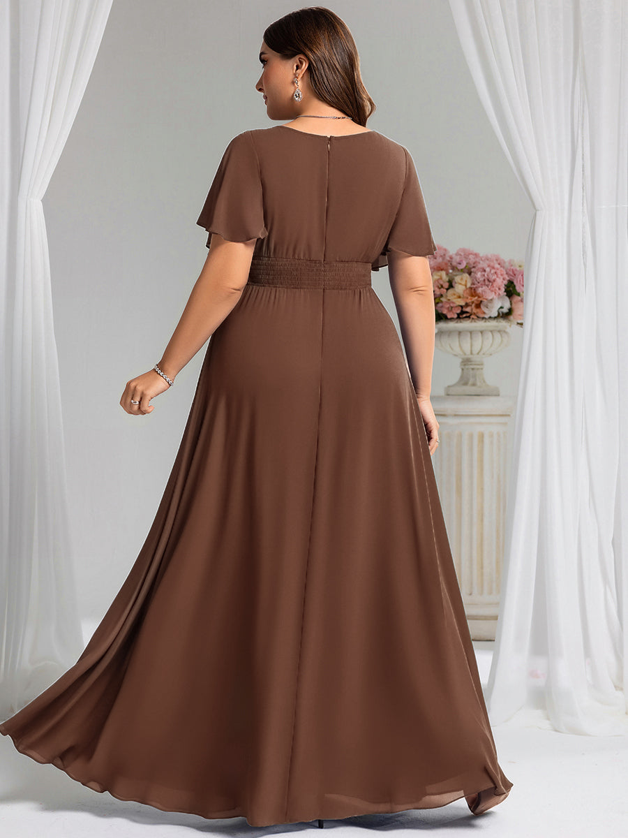 Plus Size Simple Chiffon Pleated A-Line Round Neckline Bridesmaid Dress #color_Brown