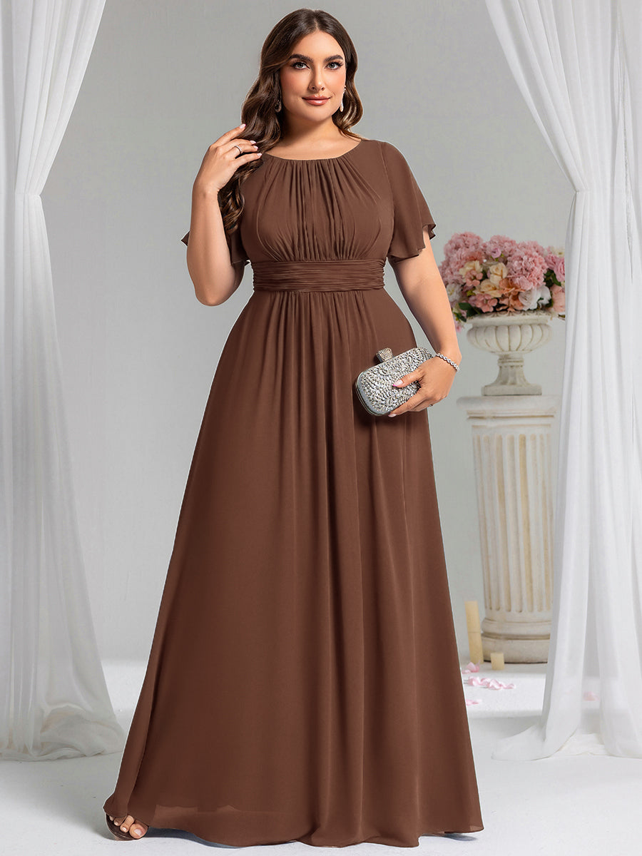 Plus Size Simple Chiffon Pleated A-Line Round Neckline Bridesmaid Dress #color_Brown