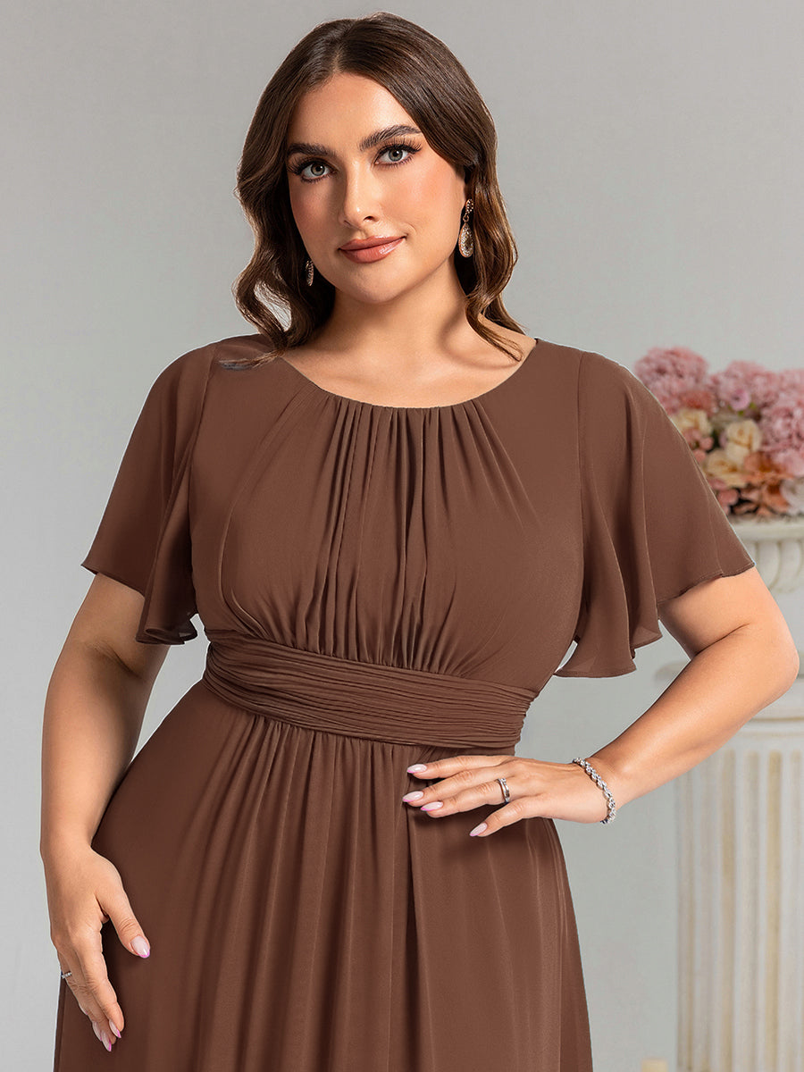 Plus Size Simple Chiffon Pleated A-Line Round Neckline Bridesmaid Dress #color_Brown