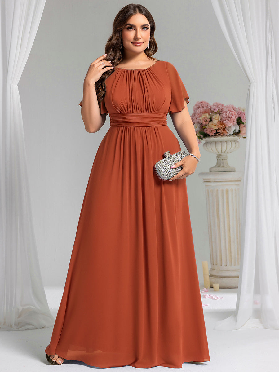 Plus Size Simple Chiffon Pleated A-Line Round Neckline Bridesmaid Dress #color_Burnt Orange
