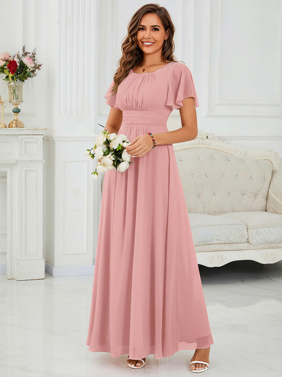Ruched Chiffon Ruffle Sleeve Bridesmaid Dress #color_Dusty Rose