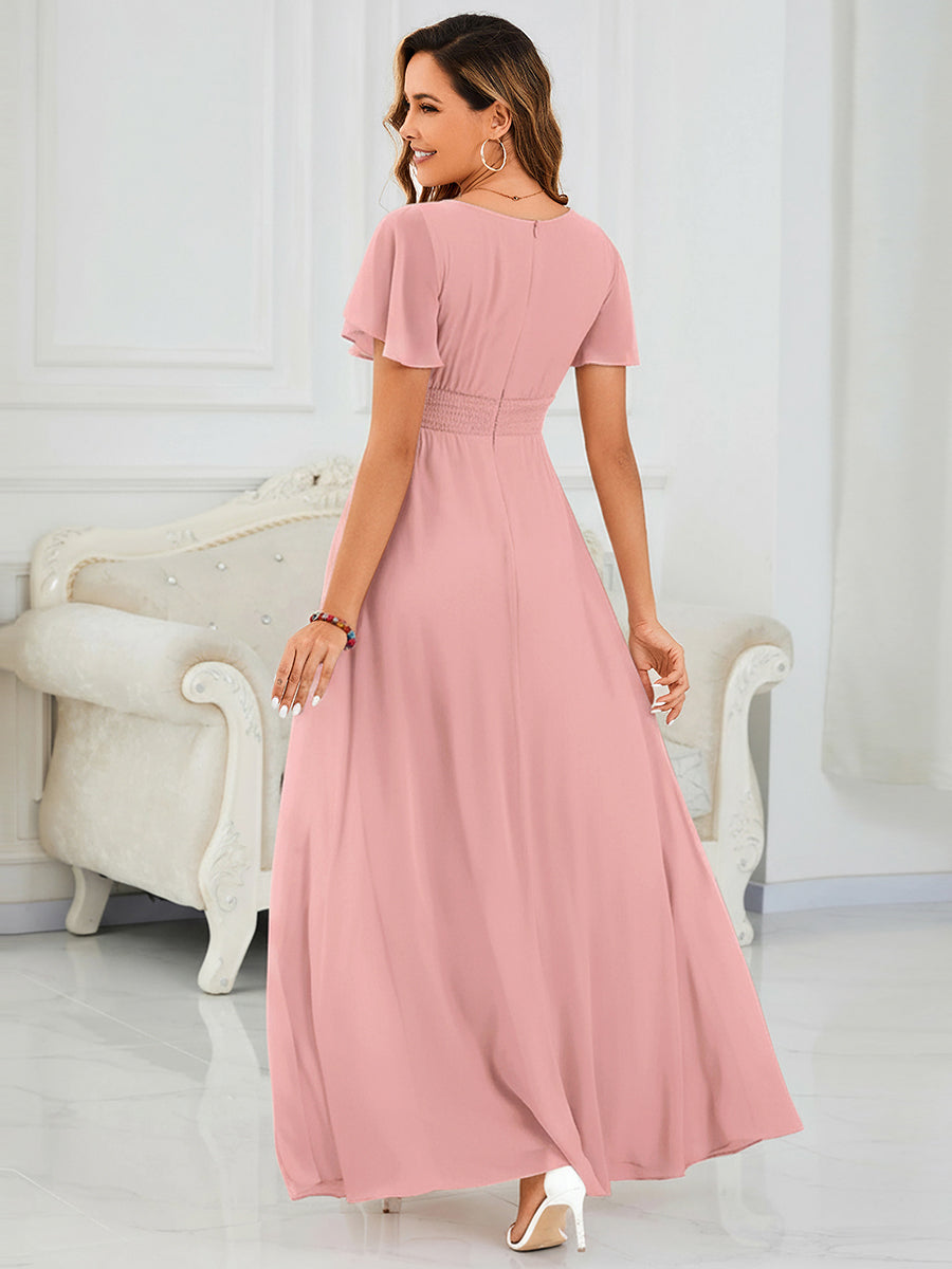 Ruched Chiffon Ruffle Sleeve Bridesmaid Dress #color_Dusty Rose