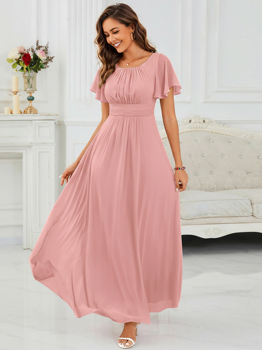 Ruched Chiffon Ruffle Sleeve Bridesmaid Dress #color_Dusty Rose
