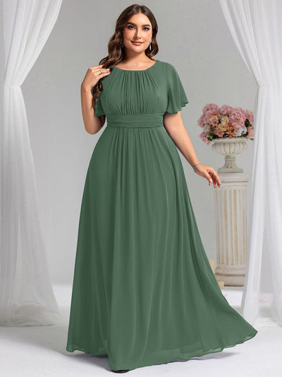 Plus Size Simple Chiffon Pleated A-Line Round Neckline Bridesmaid Dress #color_Eucalyptus