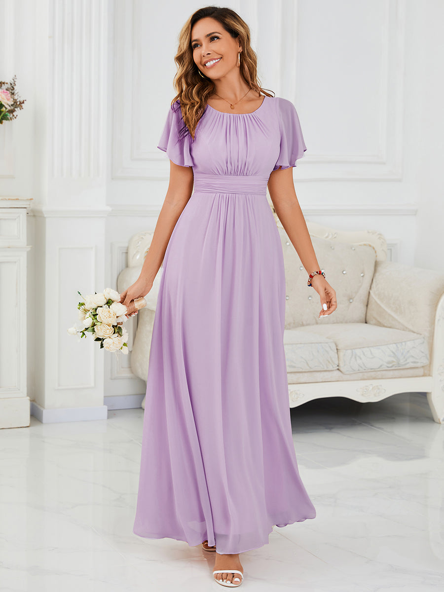 Ruched Chiffon Ruffle Sleeve Bridesmaid Dress #color_Frosted Lilac