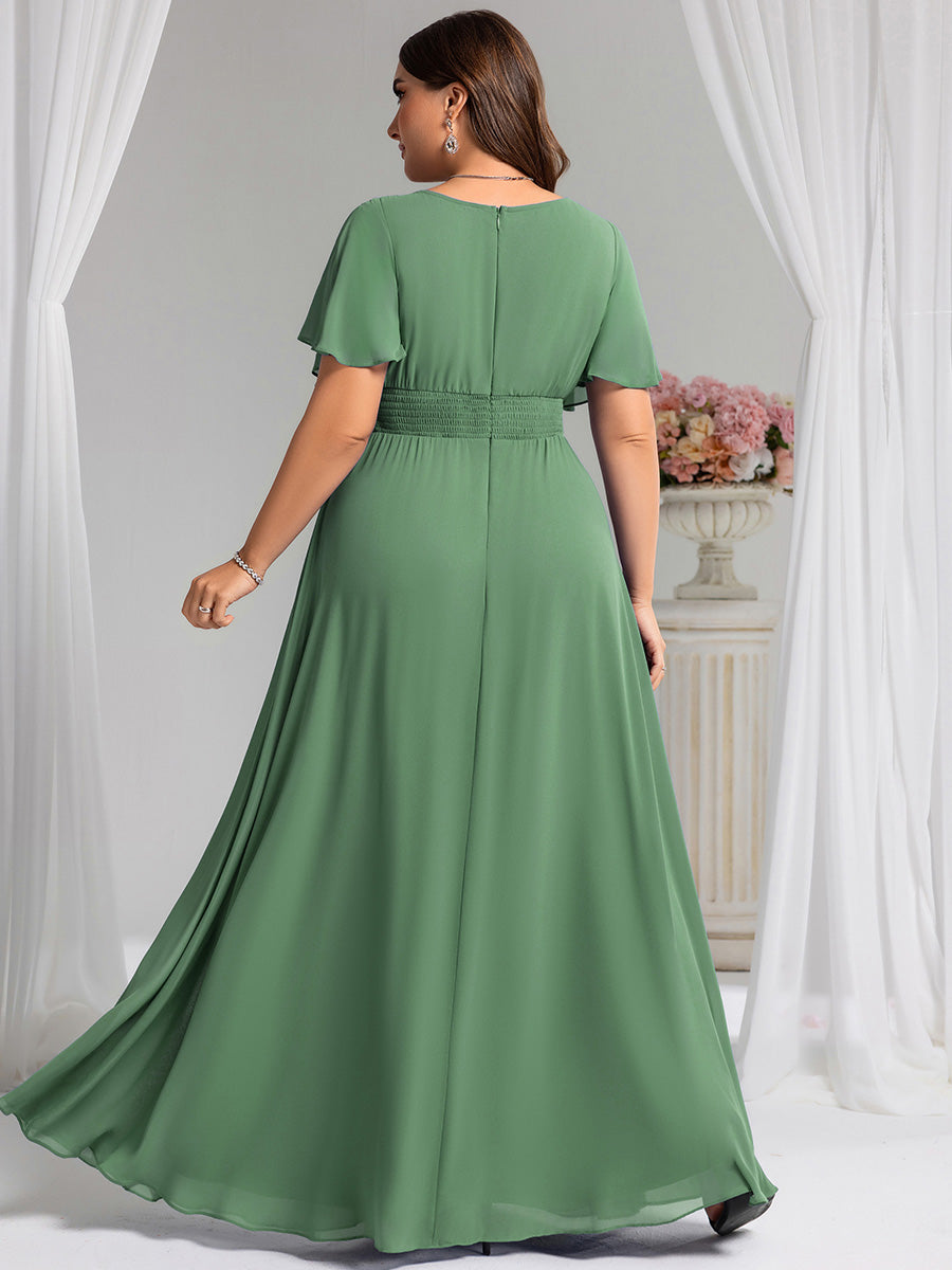Ruched Chiffon Ruffle Sleeve Bridesmaid Dress #color_Green Bean