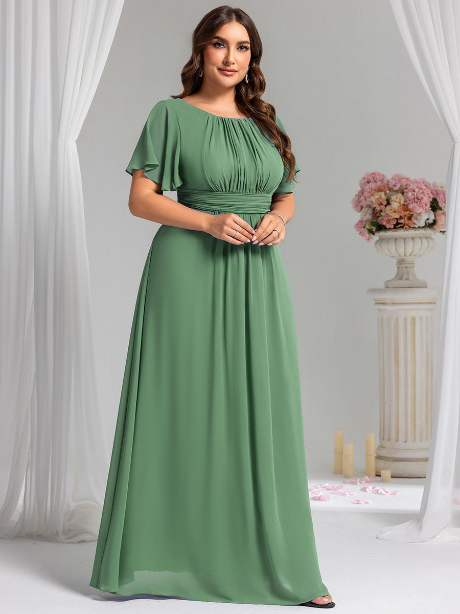 Plus Size Simple Chiffon Pleated A-Line Round Neckline Bridesmaid Dress #color_Green Bean