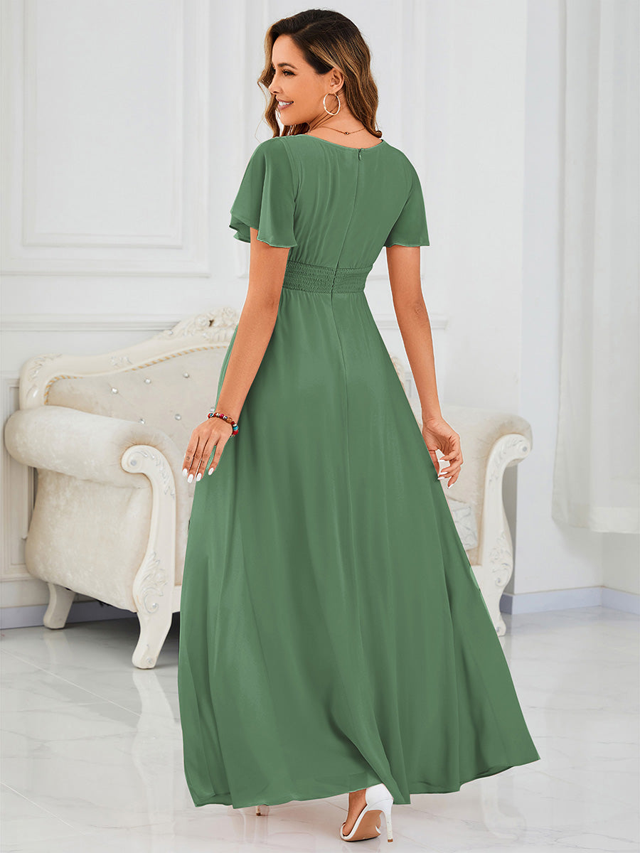 Ruched Chiffon Ruffle Sleeve Bridesmaid Dress #color_Green Bean