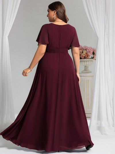 Plus Size Simple Chiffon Pleated A-Line Round Neckline Bridesmaid Dress #color_Mulberry