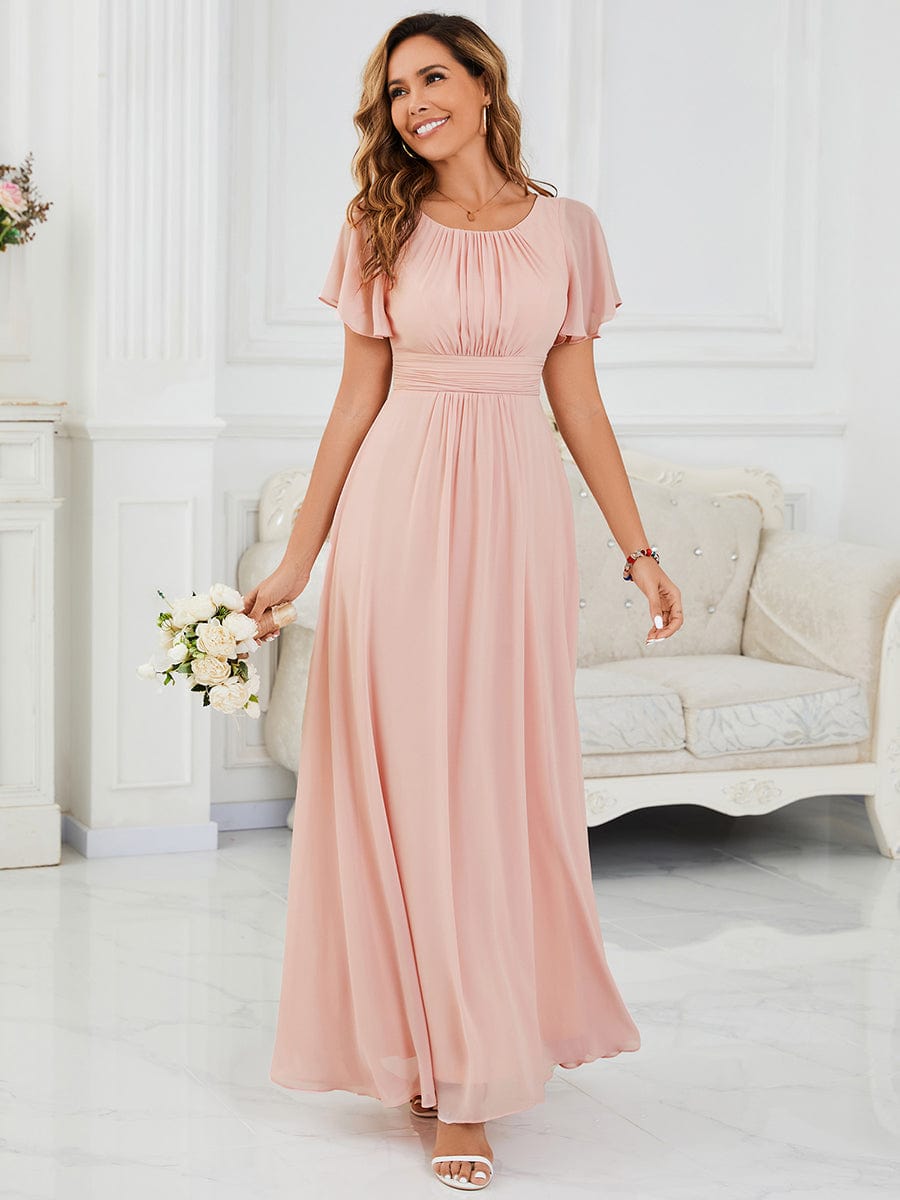 Simple Chiffon Pleated A-Line Round Neckline Bridesmaid Dress #color_Pink