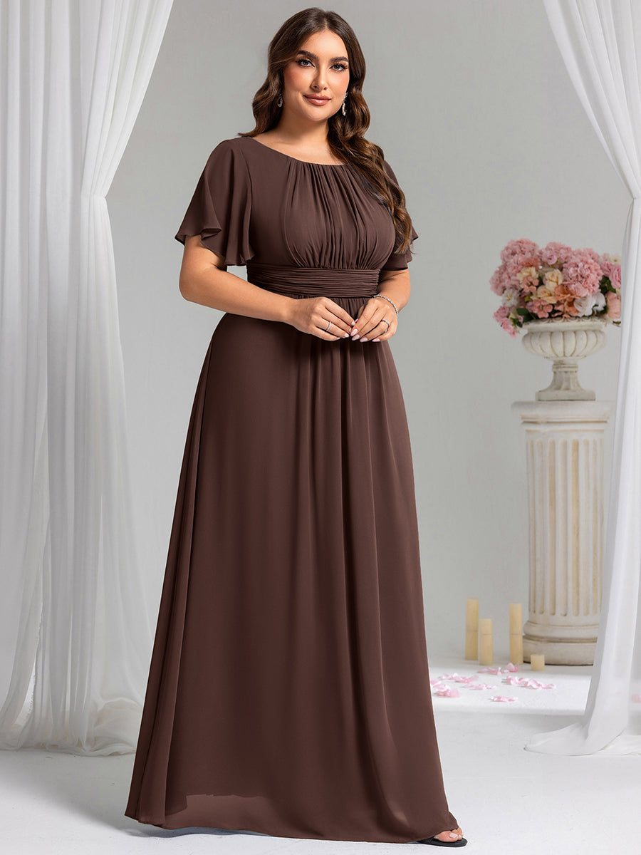 Plus Size Printed Chiffon Pleated Maxi Wedding Guest Dress #color_Chocolate  Brown