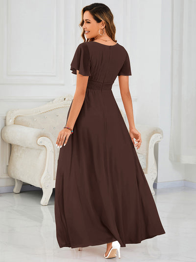 Maxi Chiffon Ruffles Sleeve Wedding Guest Dress #color_Chocolate  Brown