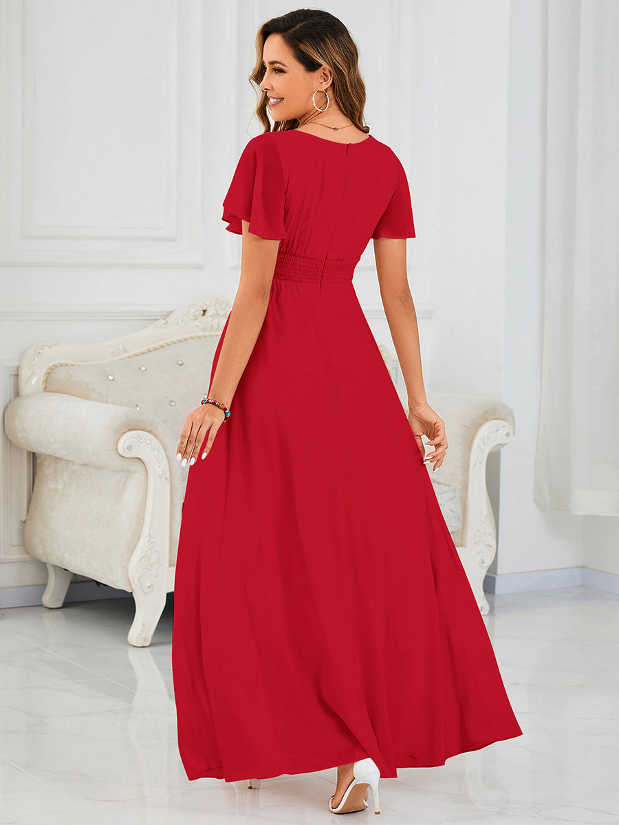Maxi Chiffon Ruffles Sleeve Wedding Guest Dress #color_Red