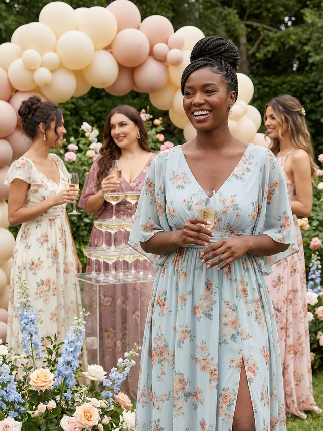pretty ELYAN|Plus Size Printed Half Sleeve Pleated A-Line Chiffon Wedding Guest Dress Fan Photos 3
