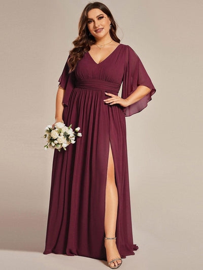 Plus Size Half Sleeve Pleated A-Line V-Neck Chiffon Bridesmaid Dress #color_Burgundy