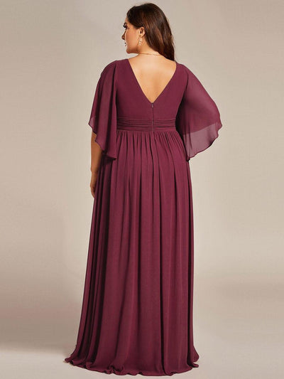 Plus Size Half Sleeve Pleated A-Line V-Neck Chiffon Bridesmaid Dress #color_Burgundy