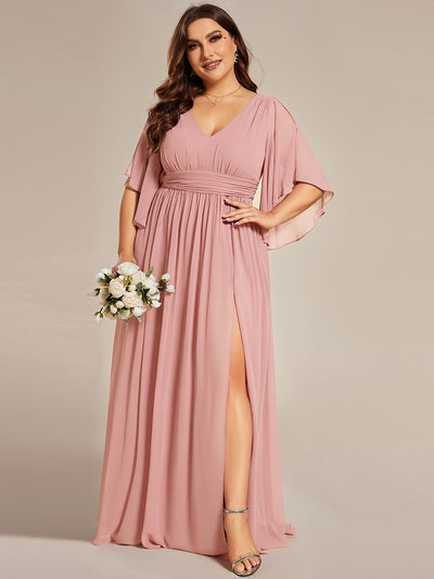 Plus Size Half Sleeve Pleated A-Line V-Neck Chiffon Bridesmaid Dress #color_Dusty Rose