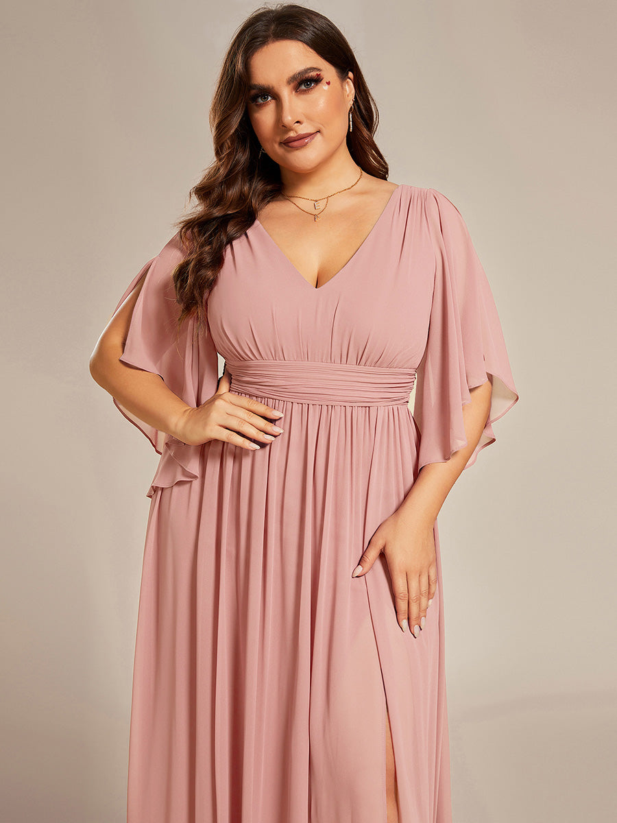 Half Sleeve V-Neck Pleated High Slit A-Line Chiffon Bridesmaid Dress #color_Dusty Rose