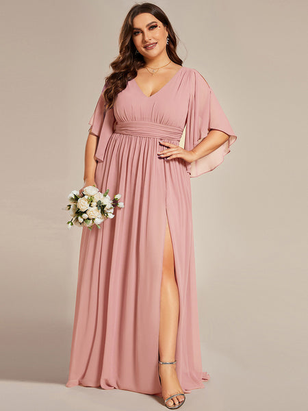 Ever-Pretty Plus Size Chiffon Half Sleeve V-Neck High Front Slit Budget Bridesmaid Dress