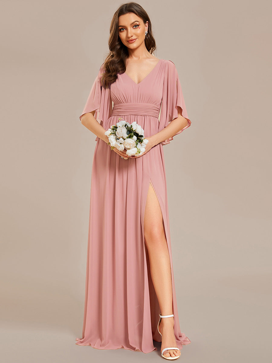Half Sleeve V-Neck Pleated High Slit A-Line Chiffon Bridesmaid Dress #color_Dusty Rose