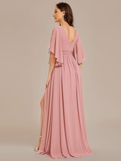 Half Sleeve V-Neck Pleated High Slit A-Line Chiffon Bridesmaid Dress #color_Dusty Rose
