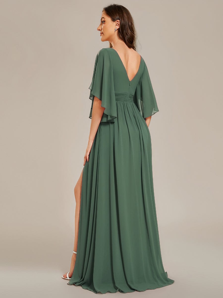 Half Sleeve V-Neck Pleated High Slit A-Line Chiffon Bridesmaid Dress #color_Eucalyptus