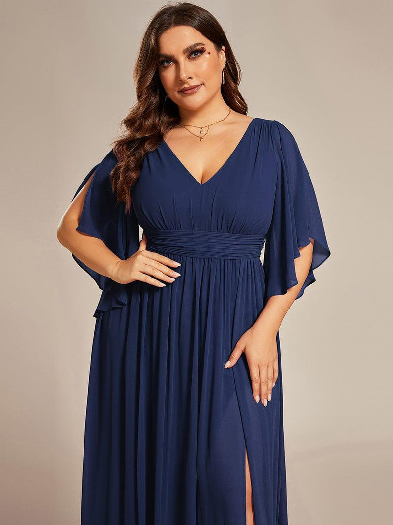 V-neck Long Chiffon Dress with Slit for Bridesmaids Silver Plus Size
